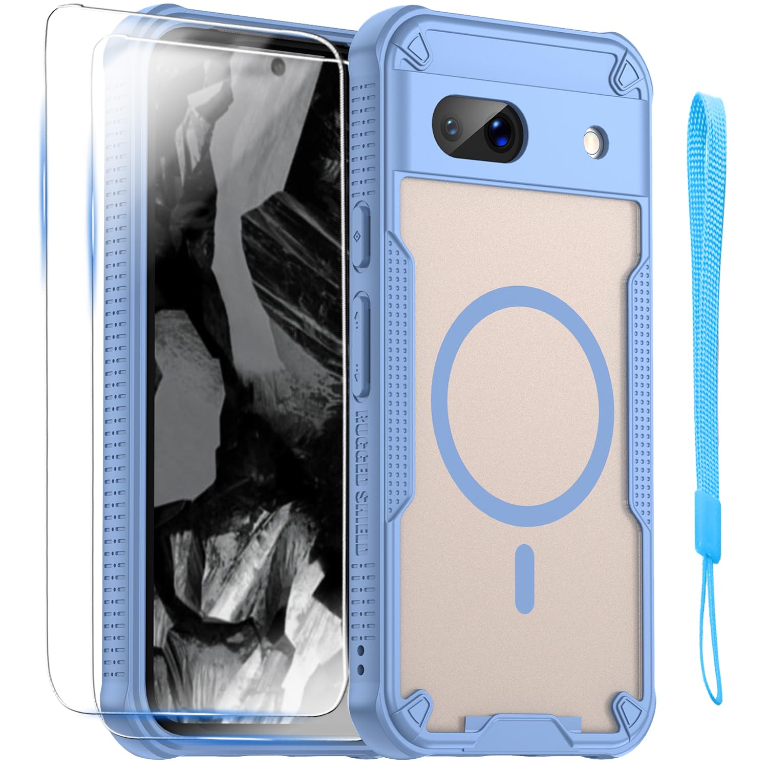 for Google Pixel 8A Case with Magsafe Magnetic Slim Shockproof Protective Case,Translucent Matte Back with Lanyard Strap and 2 * 9H Tempered Glass Screen Protector Phone Cover 6.1-inch-Blue