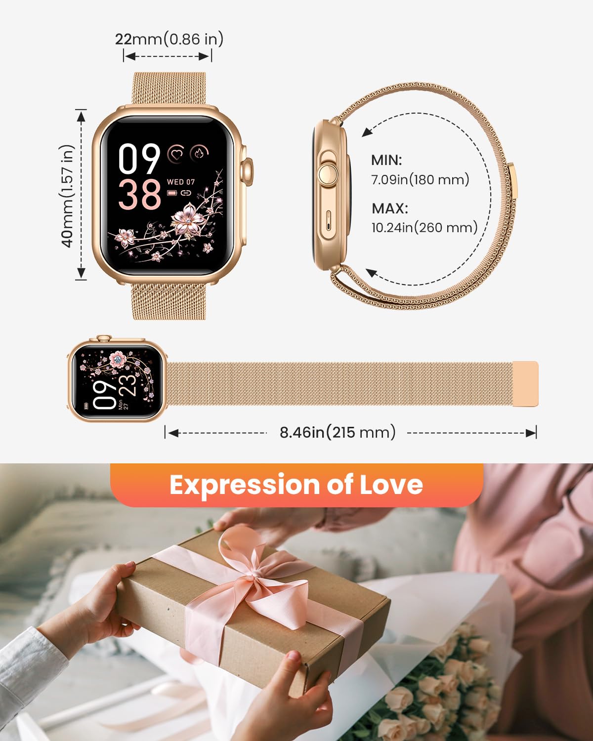 Smartwatch Donna con 100 Giorni, 1000mAh Batteria, 1.83” HD Orologio Fitness con Frequenza Cardiaca, SpO2, Sonno, 120+ Sport Smartwatch con Chiamata, Notifiche Messaggi iOS Android Oro Rosa