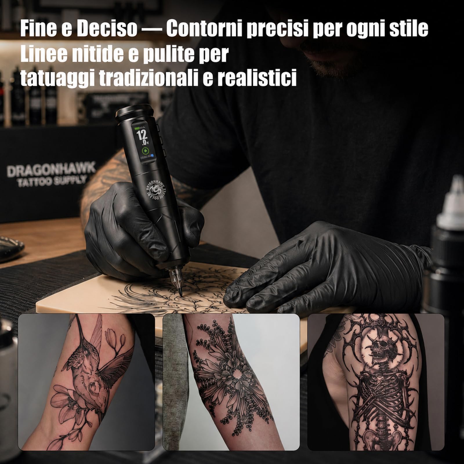 Dragonhawk A1 Pro Tattoo Maschine Set, 4,0 mm Hublänge,2000mAh Akku | Kabellose Tätowiermaschine,2000mAh Akku,20 Nadeln Für Linien & Schattierung auf Übungshaut Ideal für Anfänger