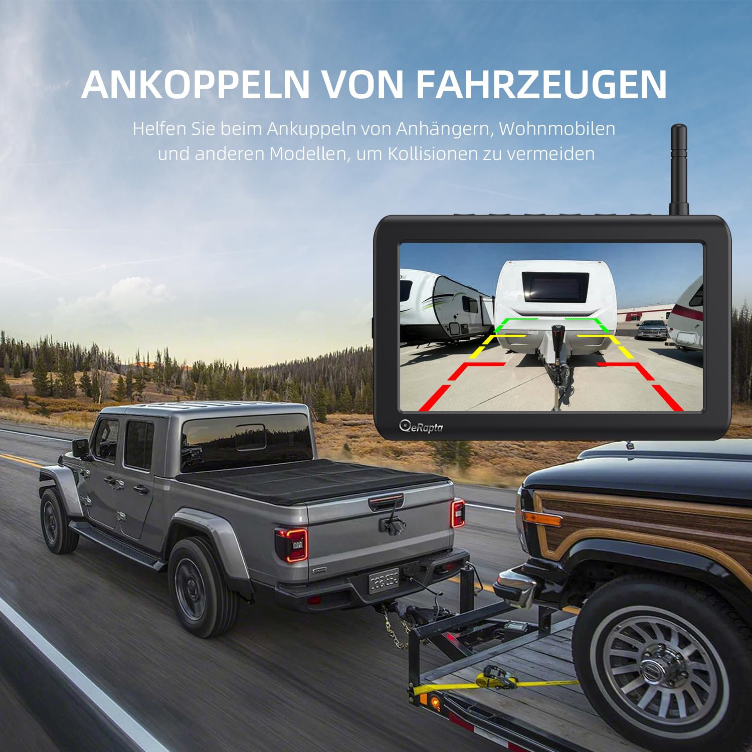 eRapta 5" LCD Kabellos Digital Rückfahrkamera Set, 1080P Monitor, 9600mAh Akku, IP69K Wasserdicht für Auto LKW Van SUV Wohnmobil