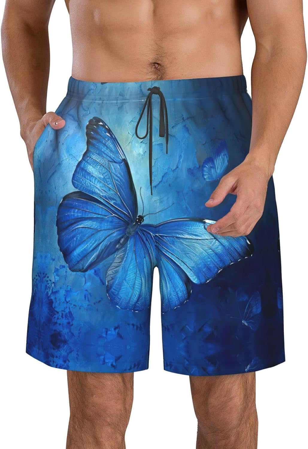 Blue Butterfly Print Men's Quick-Drying Shorts Casual Beach Pants Stretch Waist Shorts and Pockets