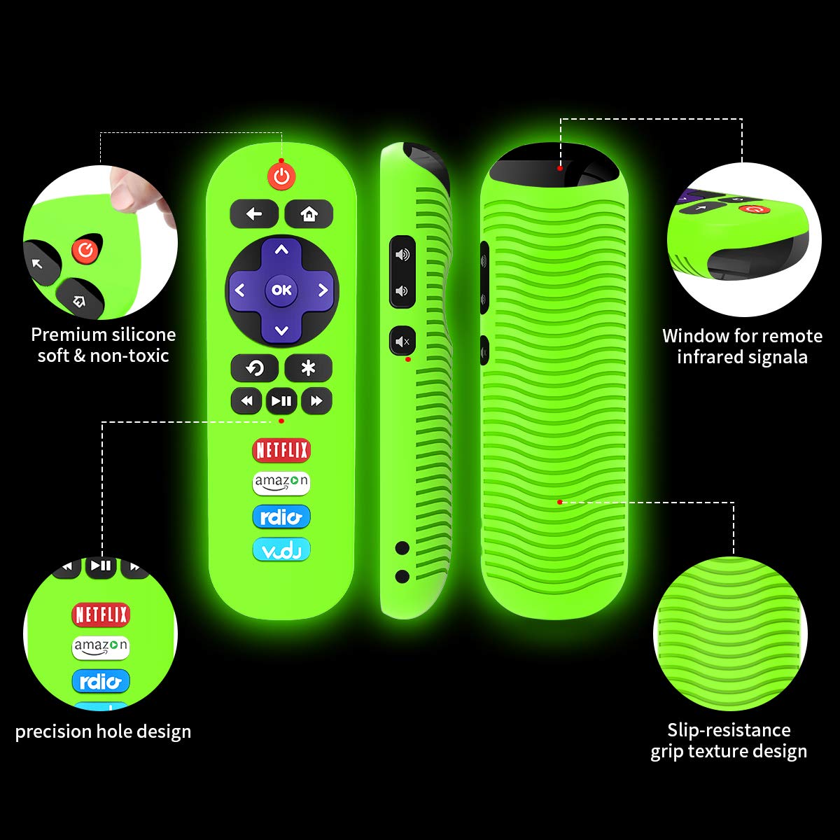 Alquar Paquete de 2 fundas protectoras para control remoto TCL Roku RC280, ligera, antideslizante, a prueba de golpes, de silicona, compatible con control remoto TCL Roku RC280, con cordón (verde