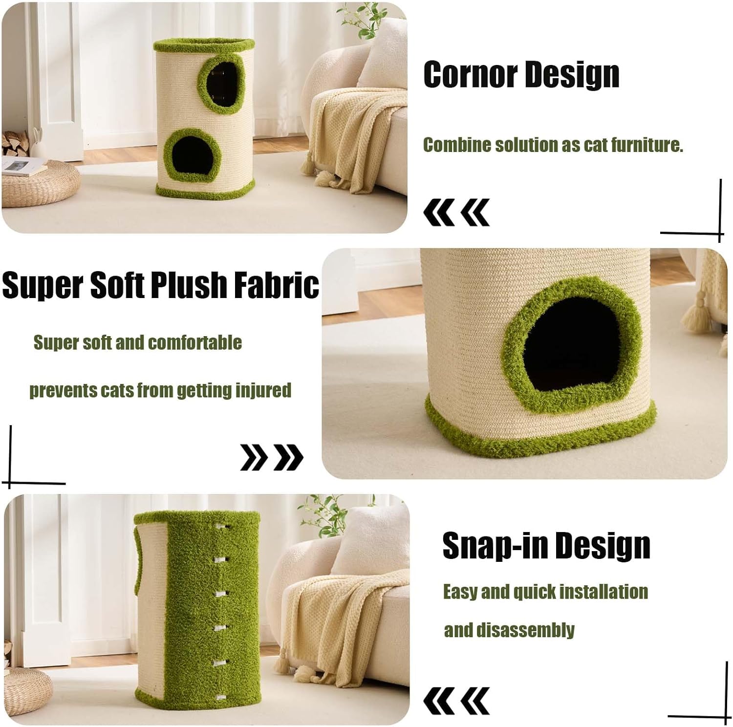 Cat House for Indoor Cats with Scratchable Sisal Material,2 Hideaways & 3 Soft Pads – Sturdy Multi-Level Cat Condo &Space-Saving Furniture for Multiple Pets, Easy to Assemble