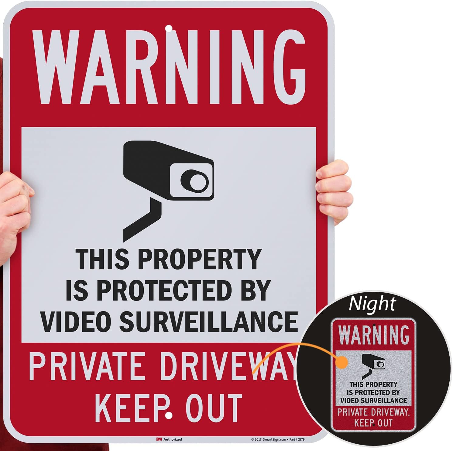 SmartSign 24" x 18" 'Warning - Property Protected By Surveillance, Private Driveway, Keep Out' Metal Sign, 80 mil Aluminum, 3M Laminated Engineer Grade Reflective, Red/Black/White, USA-Made
