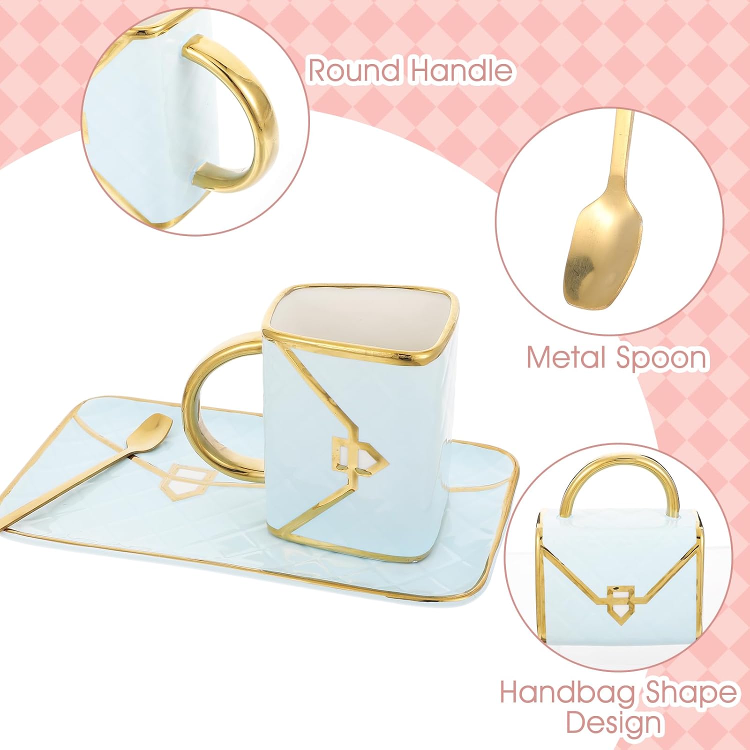 JIEYAO Handbag Coffee Mugs Set of 4, 10 Oz/ 310 ml Handbag Ceramic Tea Cup, Cute Purse Gift Mug with Saucer Spoon Modern Ceramic Purse Coffee Mug Creative Design Travel Tea Cup for Women Office Home
