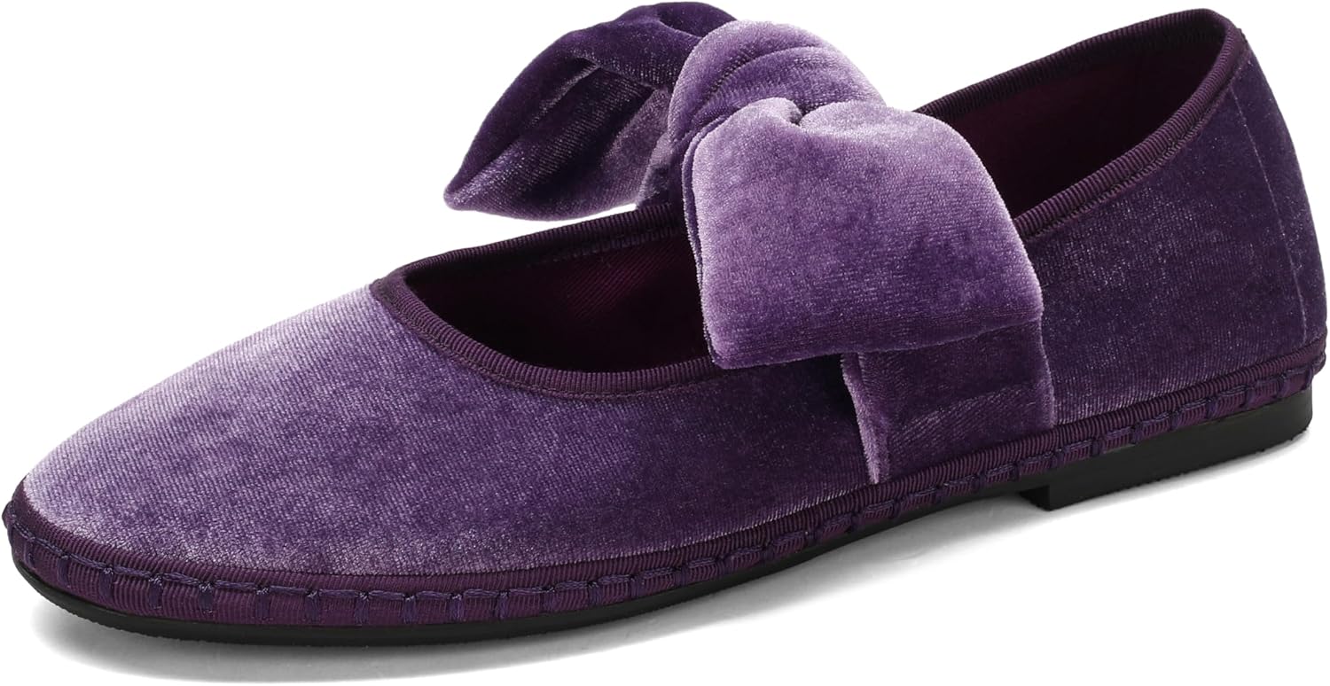 Women’s Velvet Mary Jane Flats Round Toe Ballet Shoes with Decorative Bow and Wide Strap Design