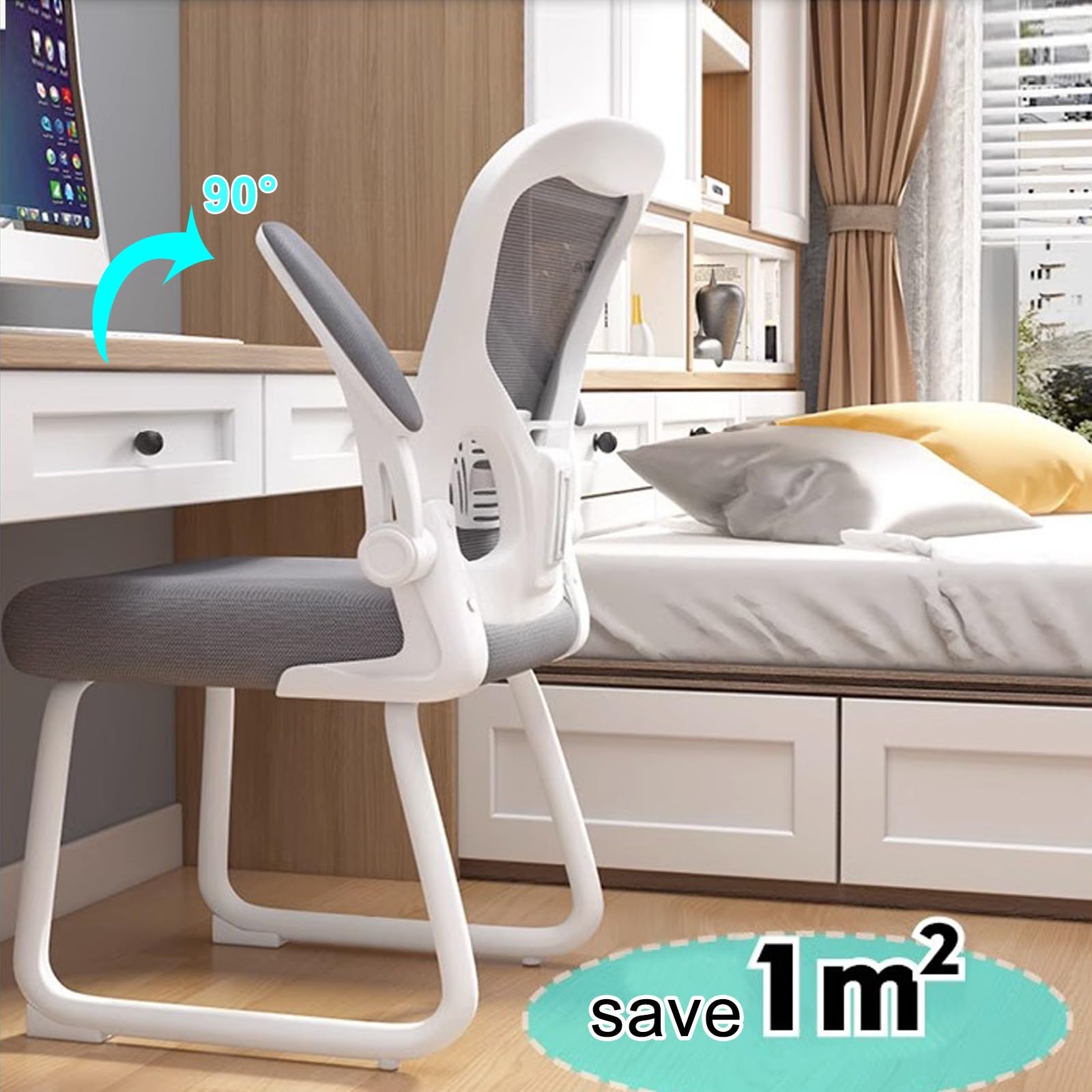 Silla Escritorio de Malla Transpirable Sin Ruedas, Silla Oficina con Brazos Abatibles, Silla Ergonómica, Sillas Gamer para Salas de Conferencias, Bibliotecas, Salas Capacitación(Black)