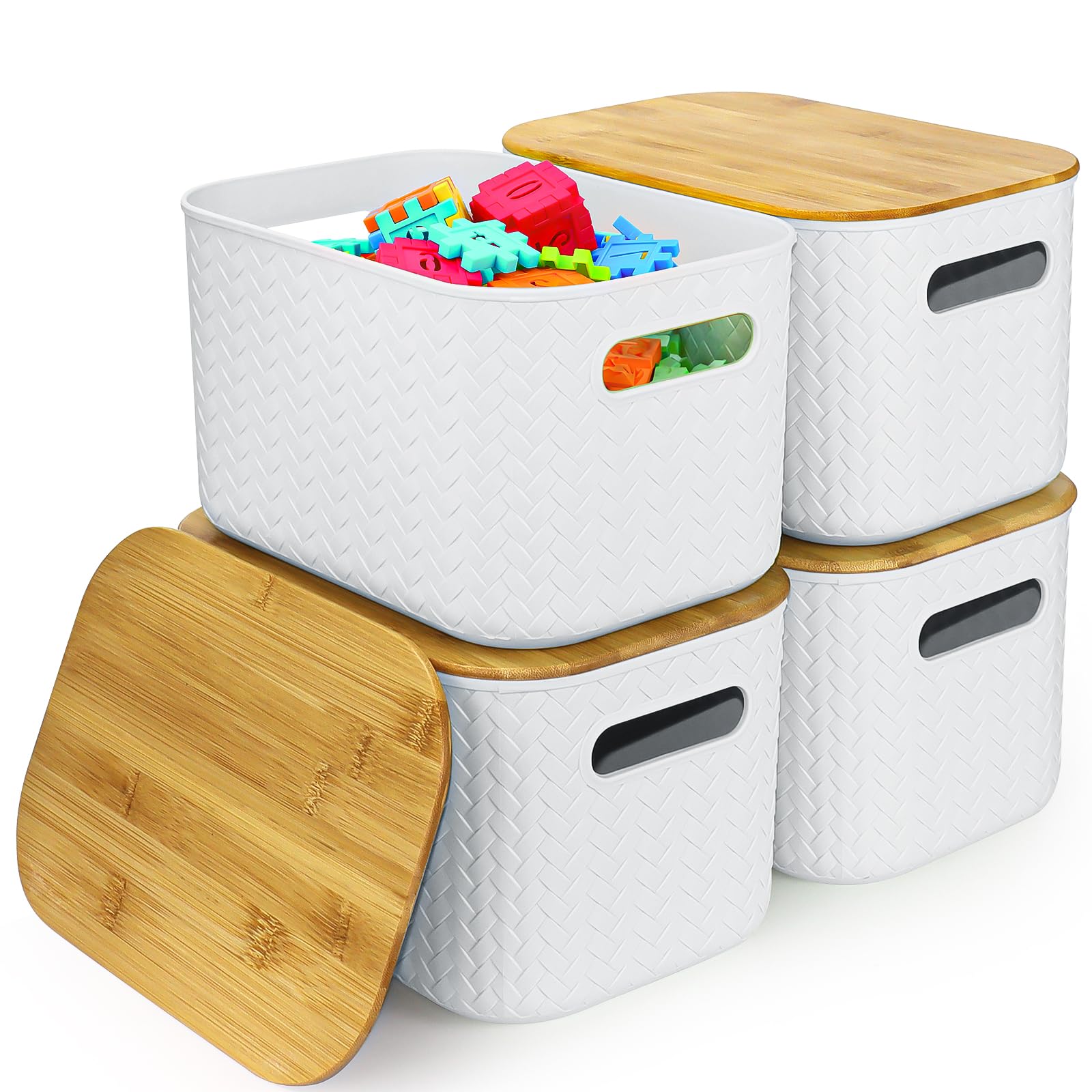 RWFMO 4 Pcs Plastic Storage Baskets with Bamboo Lid, Wicker Style Plastic Storage Boxes with Handle, Organiser Baskets with Lid, Multi-Colour Organiser Bins for Kitchen Bathroom Home Office (White) — image 1