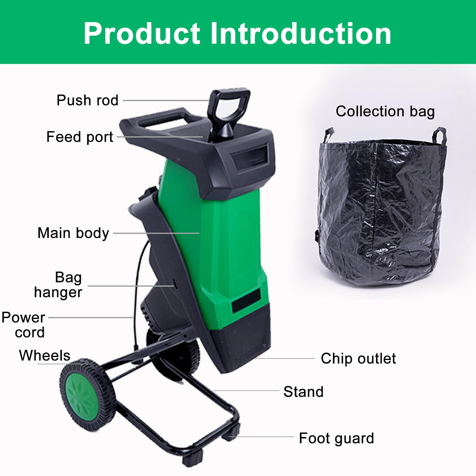 Trituradora De Ramas EléCtrica AutomáTica De 2400 W, 4500 RPM para Ramas De 0 A 40 Mm, con Bolsa Recolectora De 50 L Green