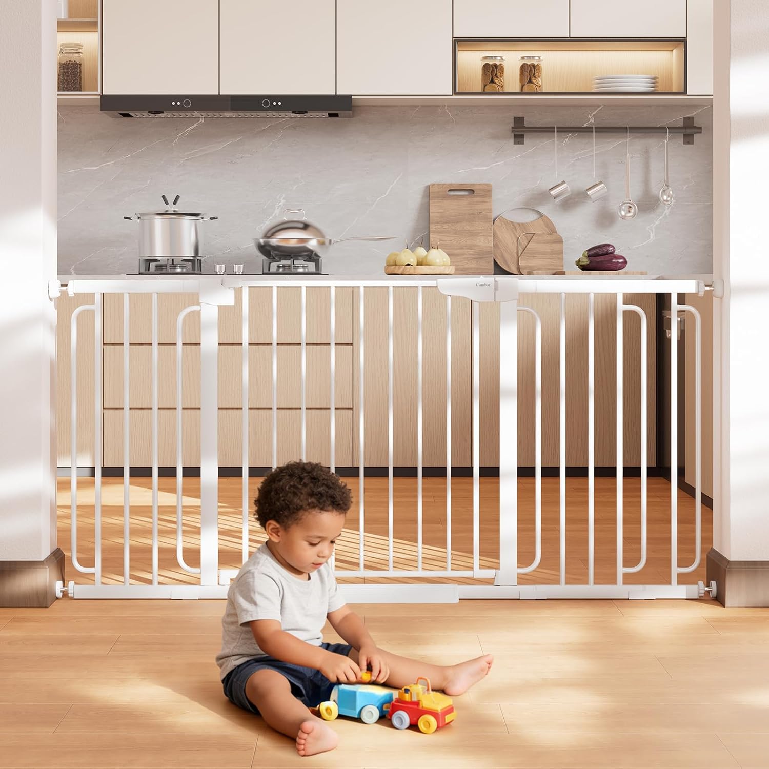 Cumbor Adjustable Safety Gate Bundle, 31.6–48" & 36.6-64" Gates with Auto-Close, Dual-Lock, One-Handed Operation for Stairs, Doorways & Hallways