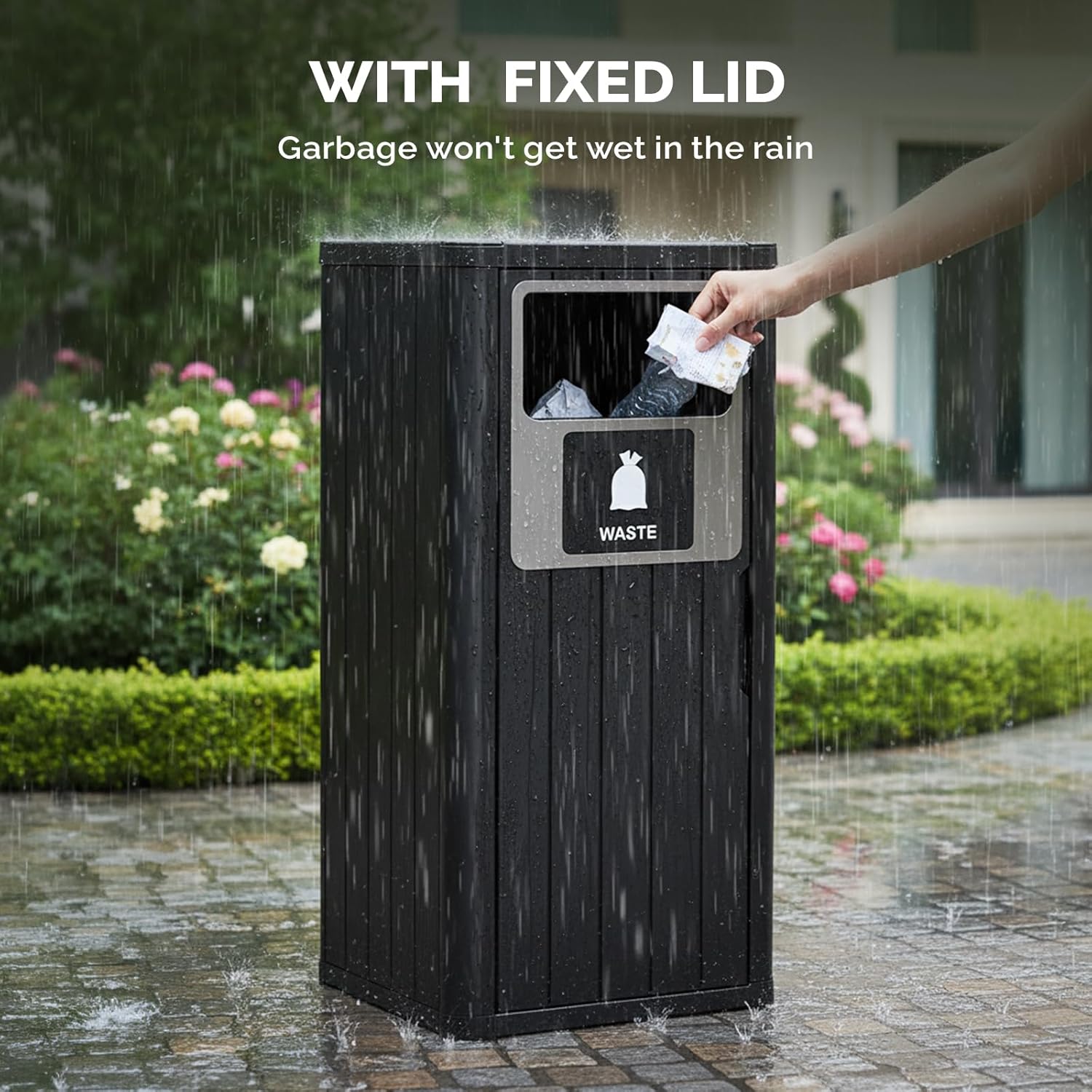 VINGLI 21 Gallon Outdoor Trash Can with Front Throw Opening, Black PP Resin Garbage Bin with Access Door for Easy Bag Change, Waterproof Patio Waste Container for Backyard, Deck, Porch, Garden
