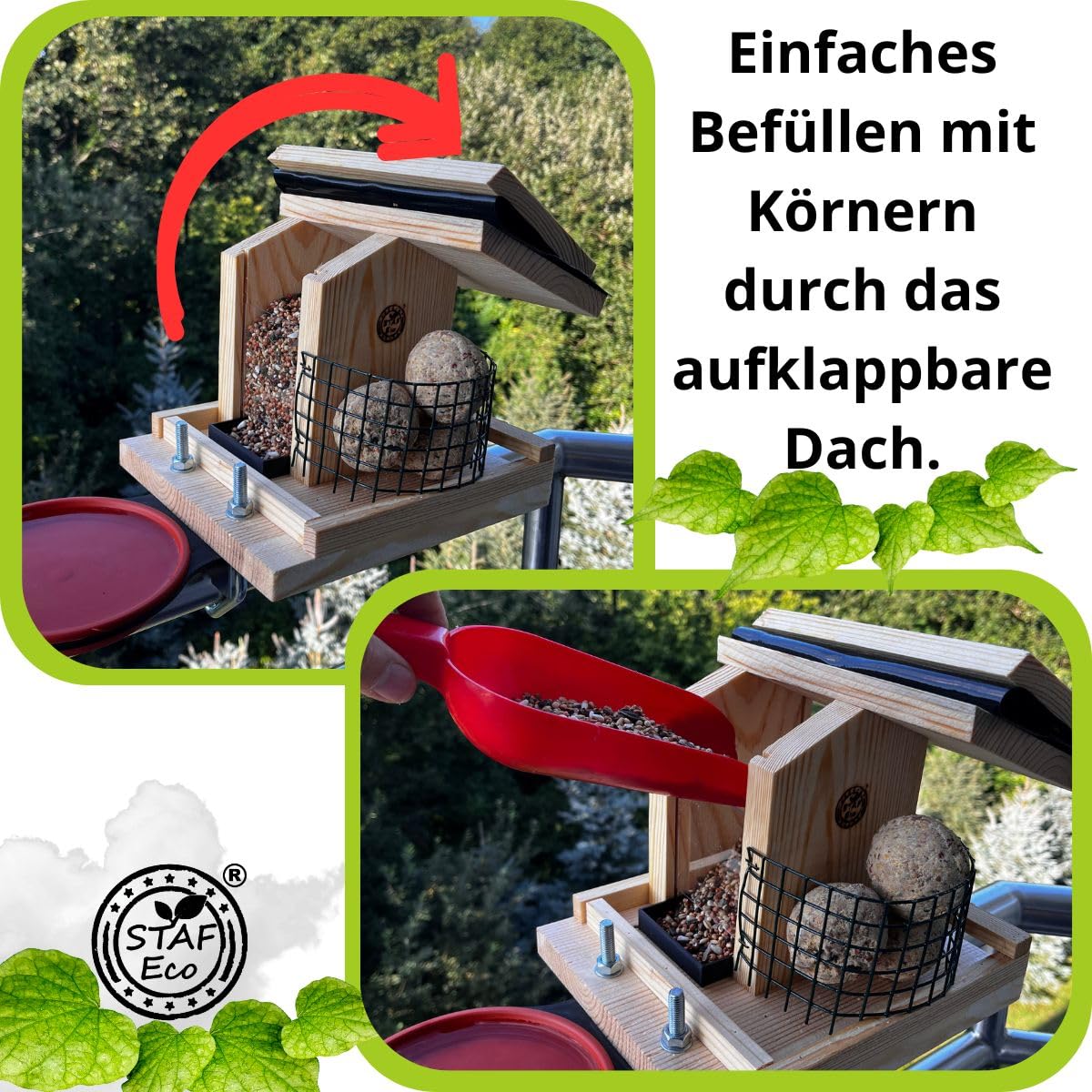 Vogelfutterhaus Vogelhaus für Balkon wetterfest Futterhaus balkongeländer Holz imprägniert Handarbeit Gartenvögel im Garten Balkonhalterung mit Einer Größe von 30 bis 60 mm (Balkon 2)
