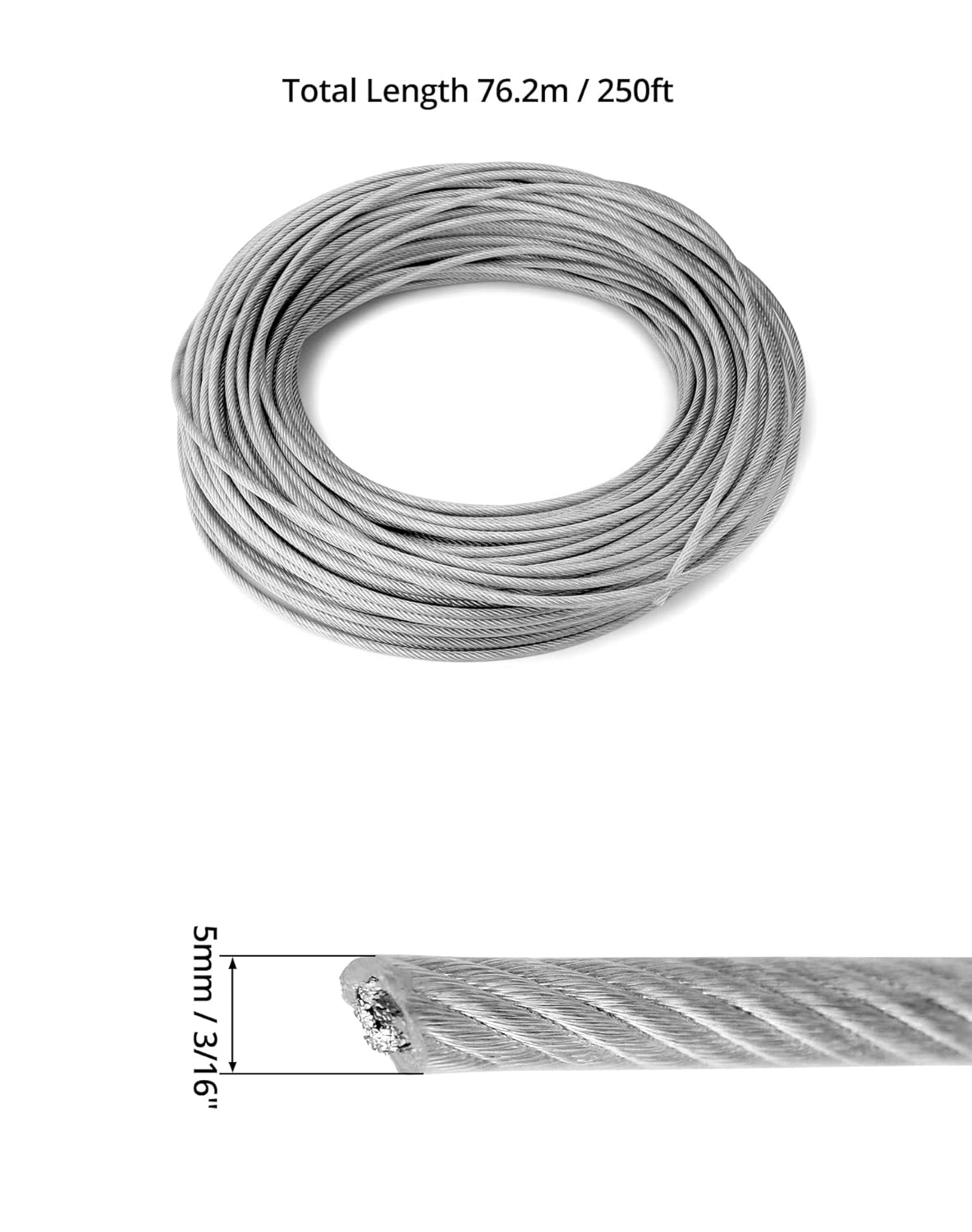 QWORK Wire Rope, 1/8 in x 250 Ft Vinyl Coated Steel Aircraft Cable, Heavy Duty 7x19 Strand Core Wire Rope, 1984 Lbs Breaking Strength, for Outdoor, Yard, or Garden