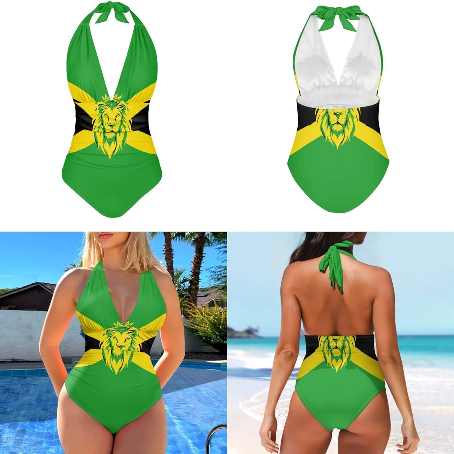 Yewattles Women's 2 Piece Bathing Suits Halter Ring One-Piece Bikini Set with Cover Up Dress, Halter High Waist Swimsuit