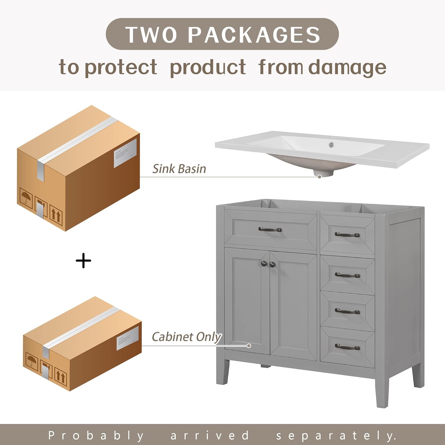36" Bathroom Vanity with Top Sink Combo, Bathroom Storage Cabinet, Freestanding Bathroom Vanity with 3 Drawers Grey
