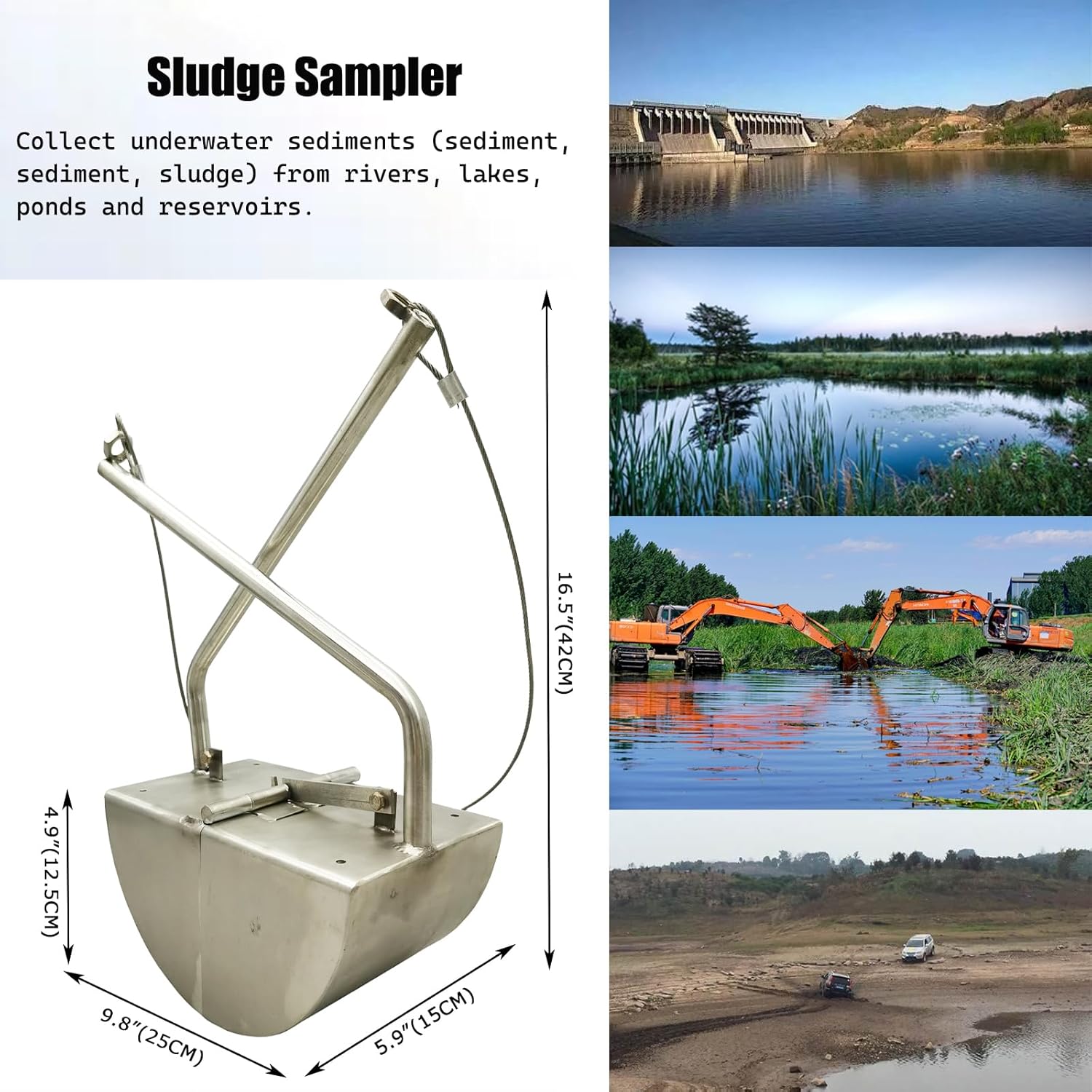 INTBUYING Sludge Sampler 3L Stainless Steel Grab-Type Bucket Mud Sampler with Aluminum Box Sampler for Collecting Silt from Rivers and Lakes