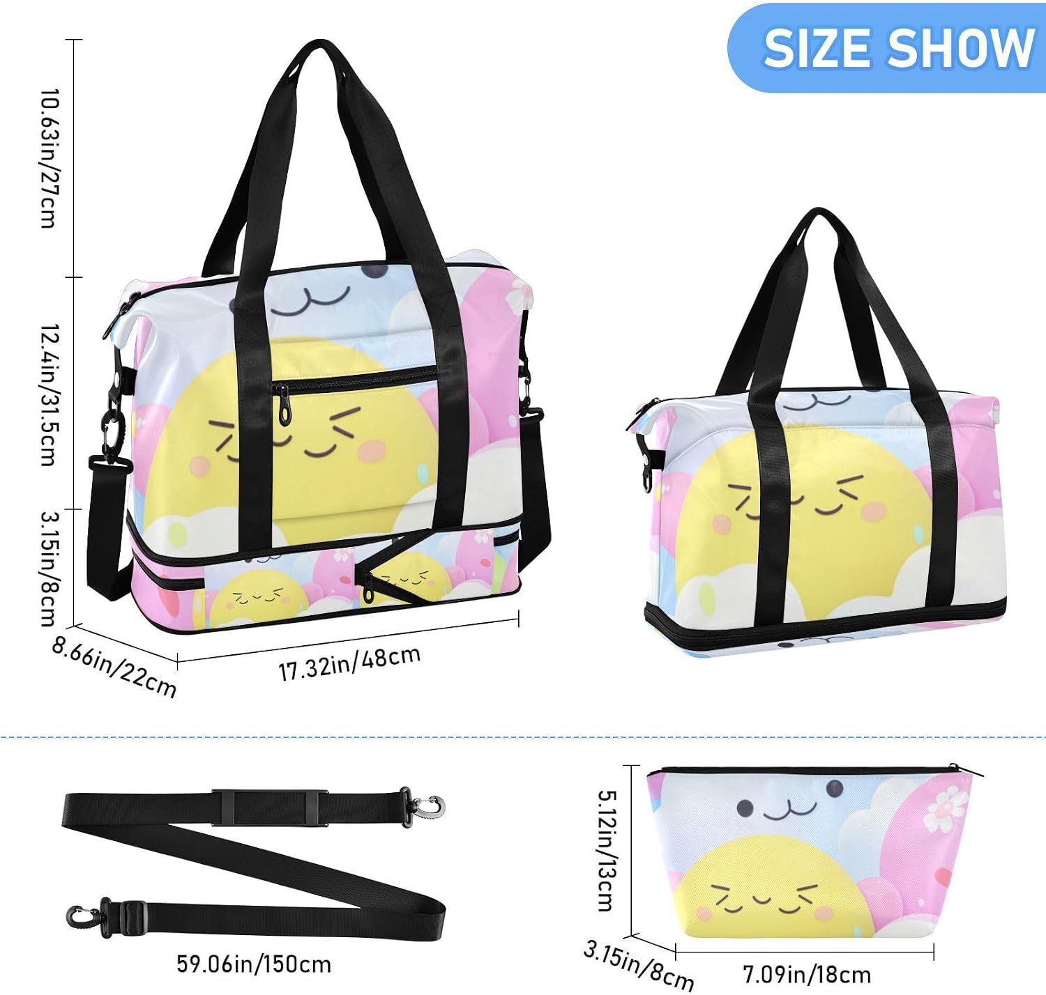 Cartoon Cute Blue-pink Monster Travel Tote Gym Bag Carry On Tote Bag with Toiletry Bag for Gym Waterproof
