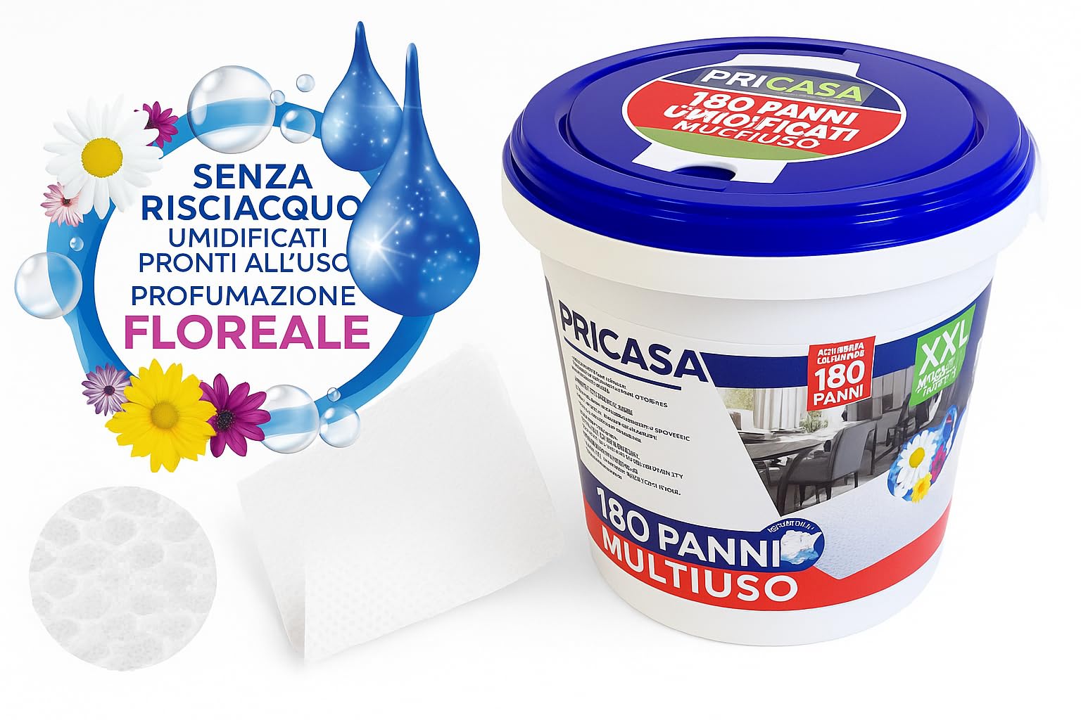 Panni Umidificati 3D Catturapolvere XXL – 2 Barattoli da 180 Panni (Totale 360) – 18x30 cm – Profumo Floreale – Multiuso per Pavimenti e Superfici – Senza Risciacquo, Compatibili con Scope e Mop