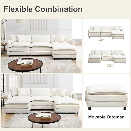 Miniatura 47 de Sofá modular modular de pana de 108.27 pulgadas para sala de estar con 3 asientos, 1 otomana y 3 almohadas, cómodos sofás de nube con otomana móvil,