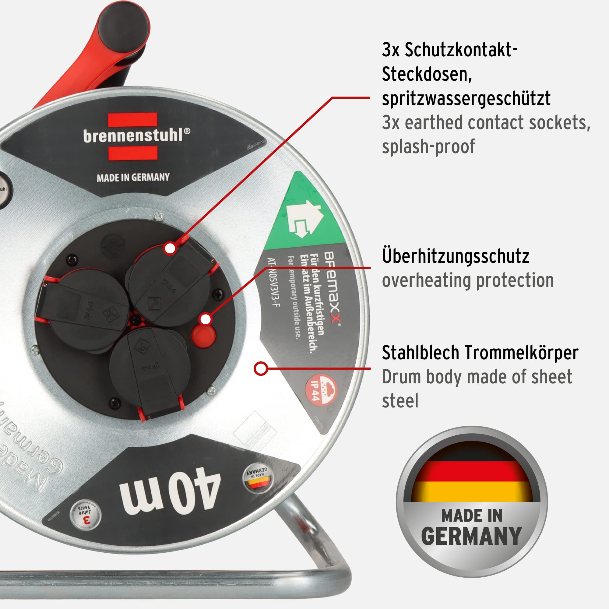 Brennenstuhl Garant S V2 bęben kablowy IP44, 40 m, do użytku na zewnątrz (Made in Germany, kabel w kolorze sygnałowym, pomarańczowy, z blachy stalowej, krótkotrwałe zastosowanie na zewnątrz) | Made in Germany, kabel w kolorze pomarańczowym, krótkotrwałe z