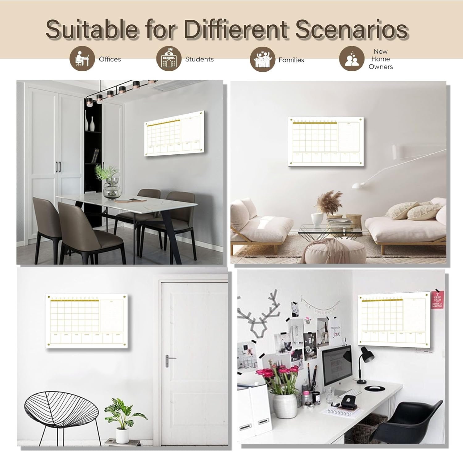 Glass 3-1 Golden Monthly Dry Erase Calendar Whiteboard for Wall,24"x 36",Frameless Mounting,Office/School/Home, Frameless Large Planner White Board