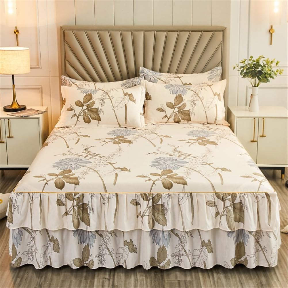 Morbuy 3 Pezzi Set Gonna da Letto per Singolo Matrimoniale e Una Piazza e Mezza Elasticizzata Copriletto con Volant Coprirete per Letto Lenzuola con 2 Federe (180x200cm,Stile 6)
