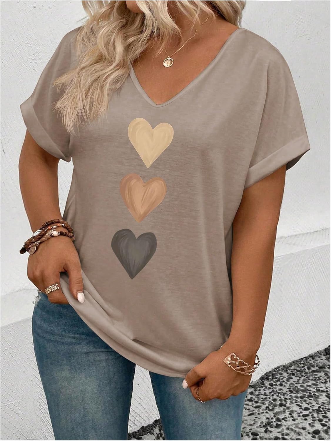 SOLY HUX Women's Plus Size Short Sleeve T Shirts V Neck Heart Graphic Summer Tee Tops - Image 2