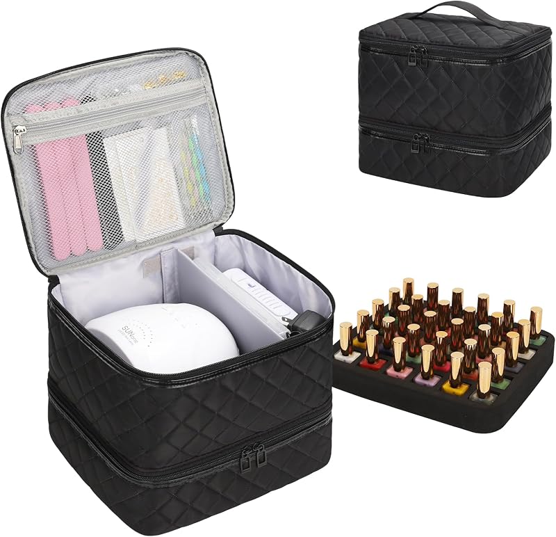Ethereal Estojo de Viagem para Esmaltes com Dois Compartimentos, Suporta Mais de 30 Frascos e Lâmpada UV, 03-Black