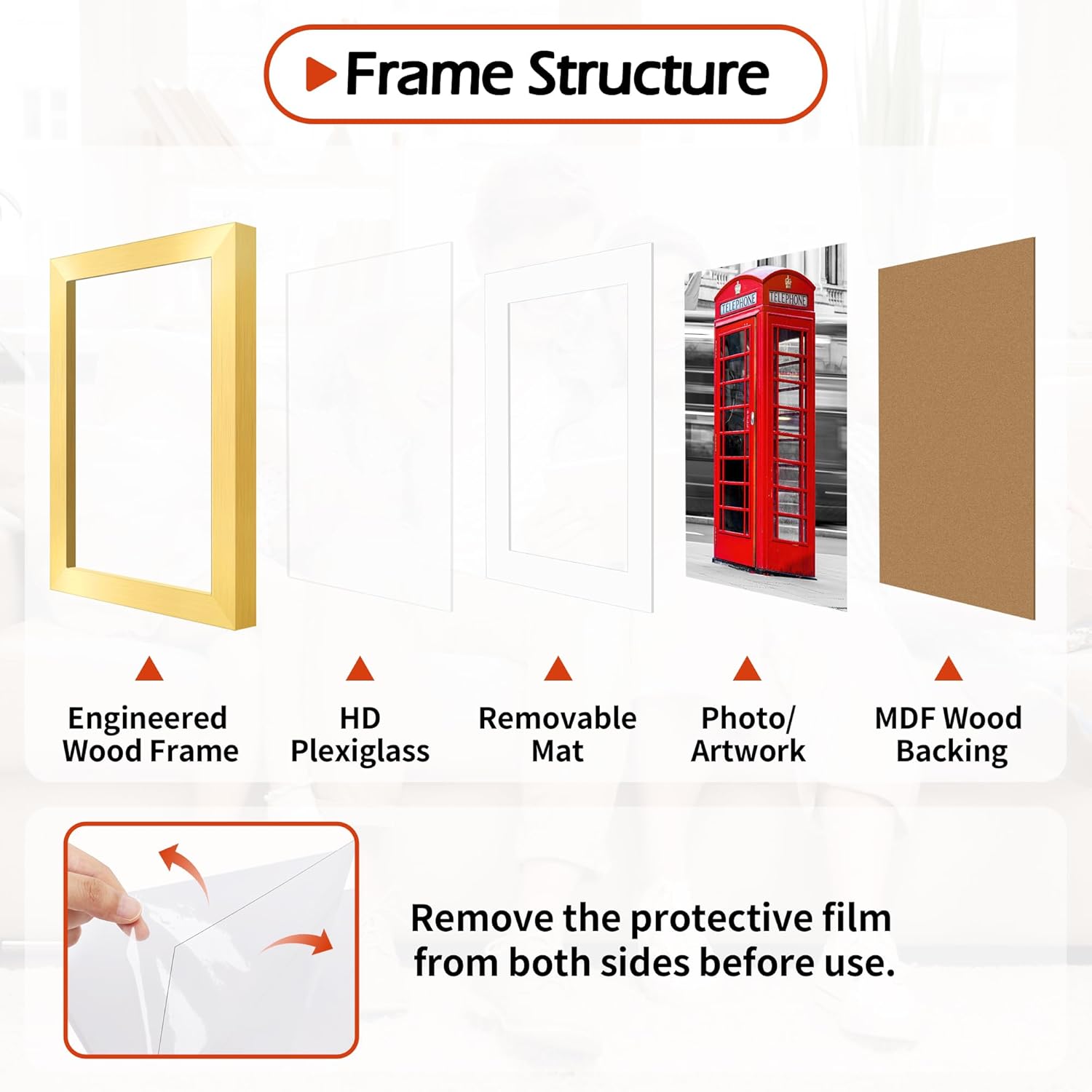 HOMERHYME 11x14 Picture Frame Set of 8, Gold Photo Frames for Gallery Wall Mounting, Display Pictures 8x10 with Mat or 11x14 Without Mat, Poster Frames with Plexiglass for Home Office Wall Decor - Image 4