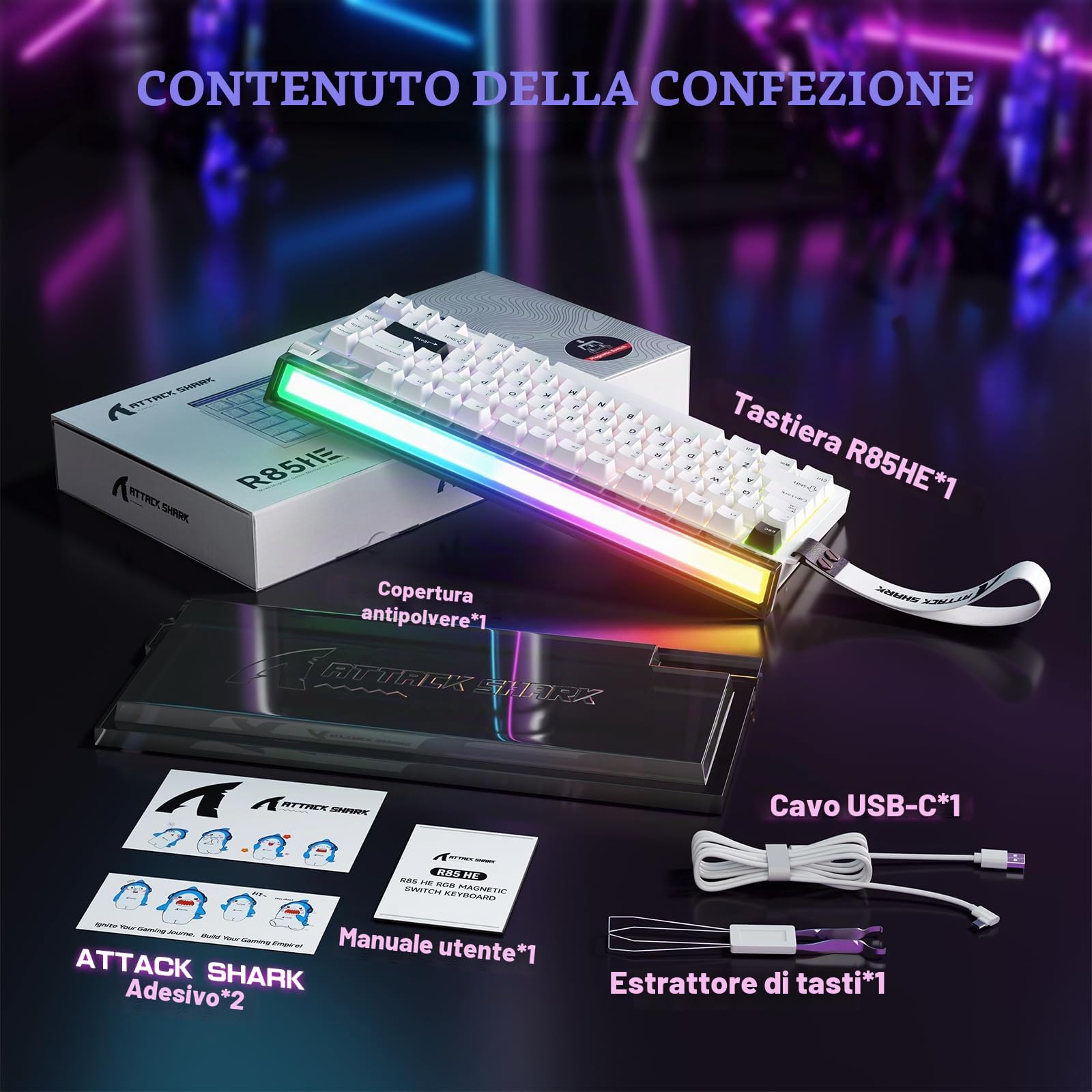 MAMBASNAKE x ATTACK SHARK R85 HE Tastiera Magnetica Cablata al 75%, Frequenza di Polling di 8000 Hz, Attivazione Rapida, Precisione RT di 0,005 mm, Latenza di 0,08 ms, RGB Backlit Box (Bianco)