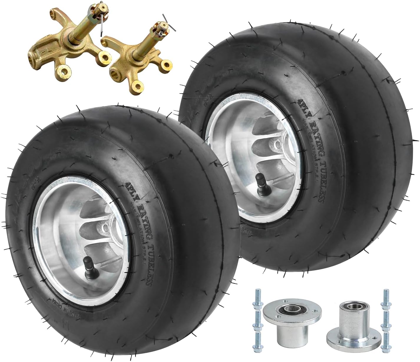 5'' Go Kart Tire Front 10x4.50-5 Slick Tires Rim, 10x4.50x5 Tubeless Tire Smooth Tread Tires with Front Wheel Hub & Steering Spindle for Racing Cart Quad ATV Drift Trike Go Kart