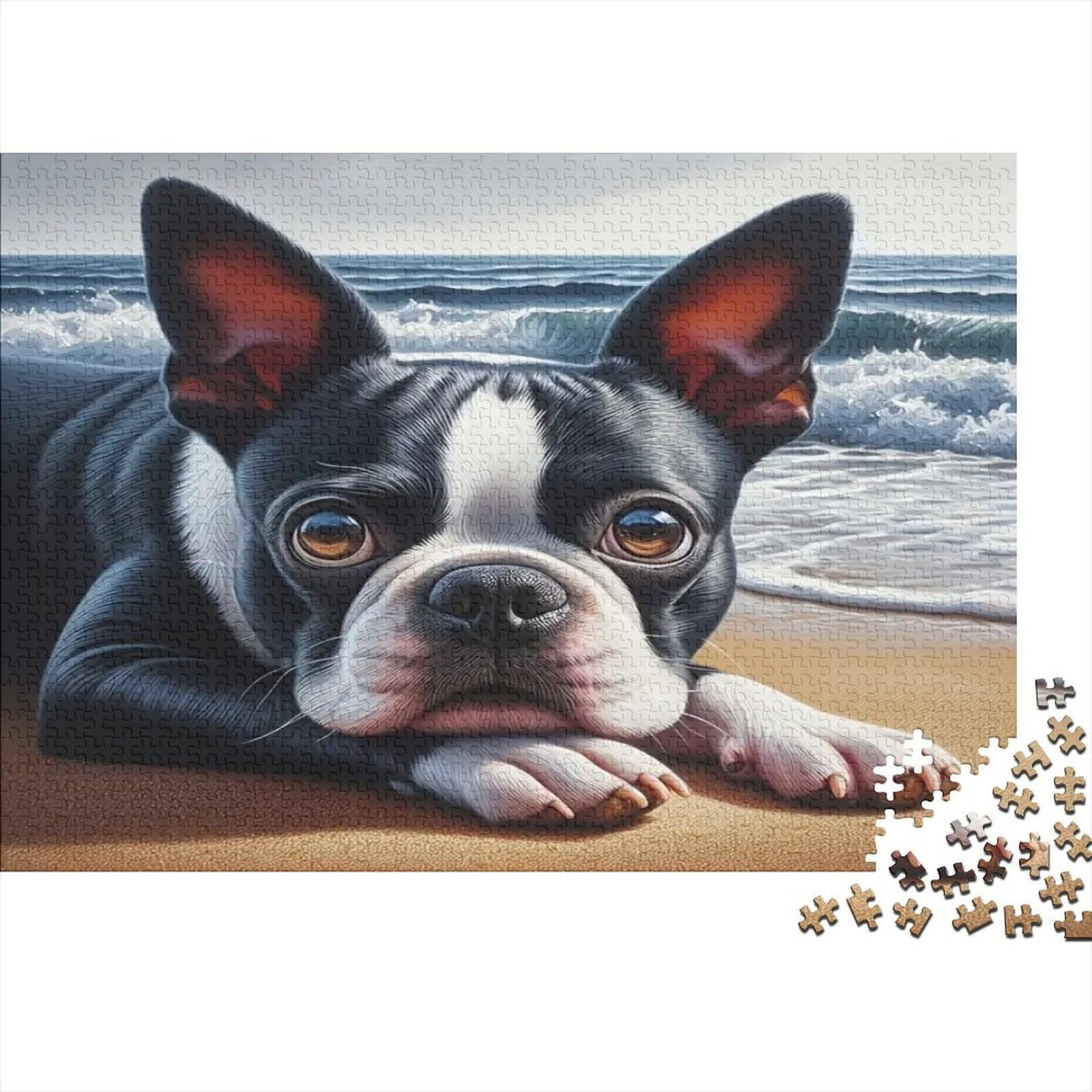 Boston Terrier Beach 1000 Pieces Jigsaw Puzzle Recycled Cardboard Terrier on Beach Family Teenagers No Dust Cognitive Development Birthday Present Hobby 70x50cm/1000pcs