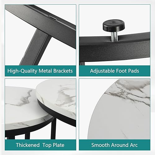 Miniatura 4 de Smuxee Juego de 2 mesas auxiliares anidables blancas, mesa auxiliar redonda de 23.6 pulgadas, parte superior de grano de madera con patas