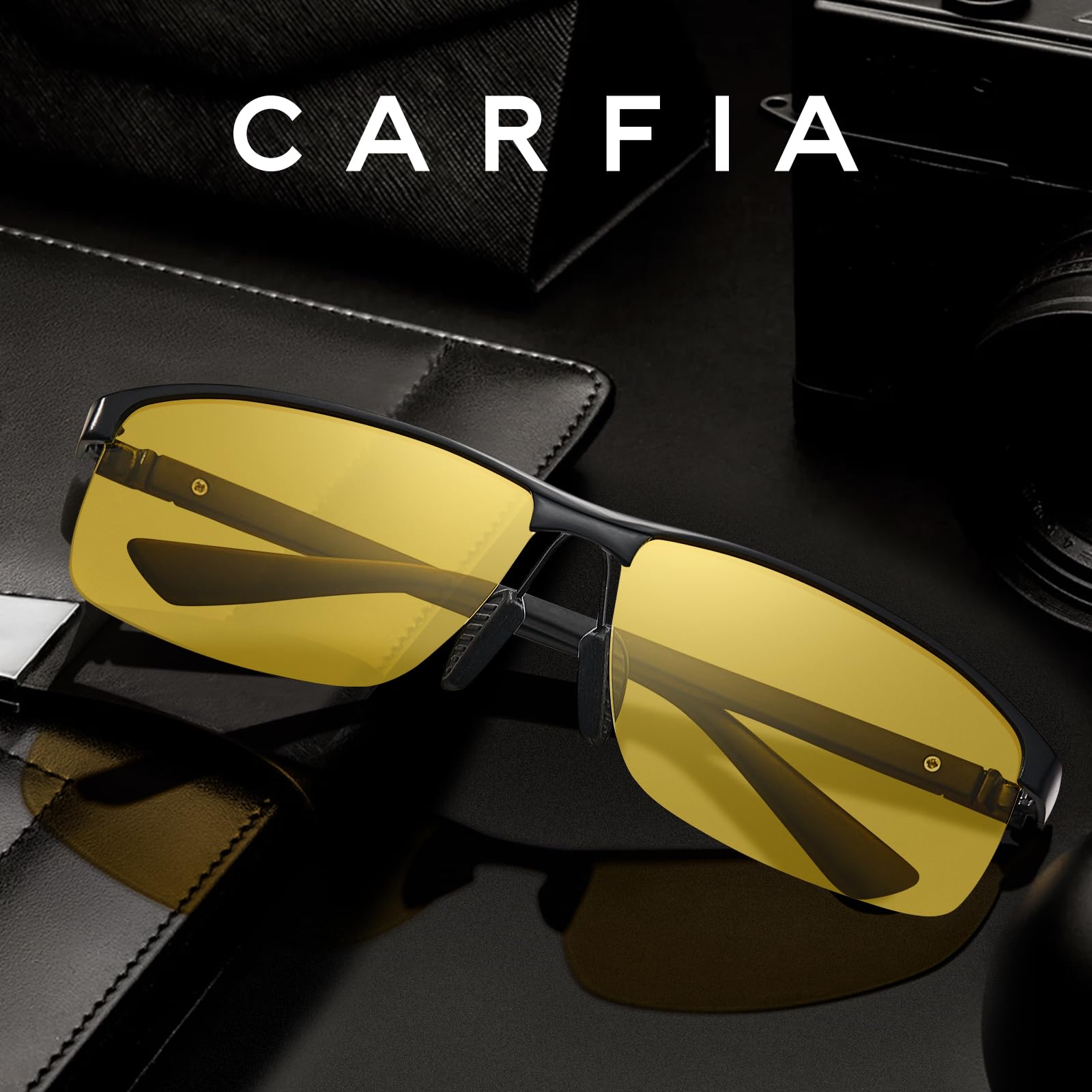 Carfia Occhiali da Guida Notturna per Uomo e Donne, Occhiali da Visione faro, Occhiali da Sole Colorati Gialli Riducendo il Abbagliamento CF8549