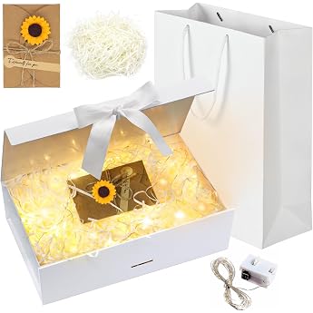 Forhandy Gift Box with Bow Gift Box with Lid L Gift Box + Bag + Ribbon + Light Magnetic Gift Box Gift Packaging Box for Wedding Birthday White L