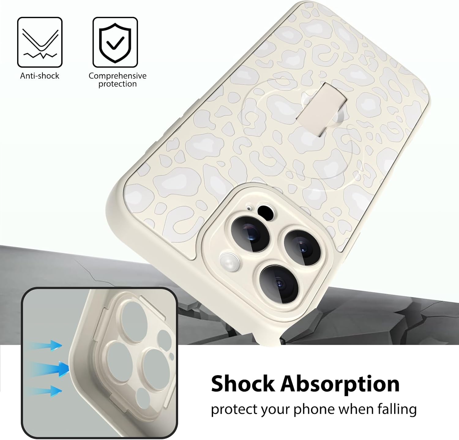KANGHAR Compatible with iPhone 16 Pro Case White Leopard Print Pattern Compatible with Magsafe Cute Cheetah Wristband Stand Phone Magnetic Cover for Women Girls Men Protective Cover