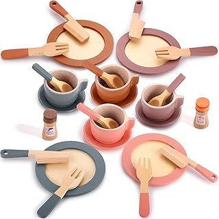 GAGAKU Wooden Dishes Kids Play Dish Set - Wood Plates Set for Toddler Montessori Wooden Kitchen Toys