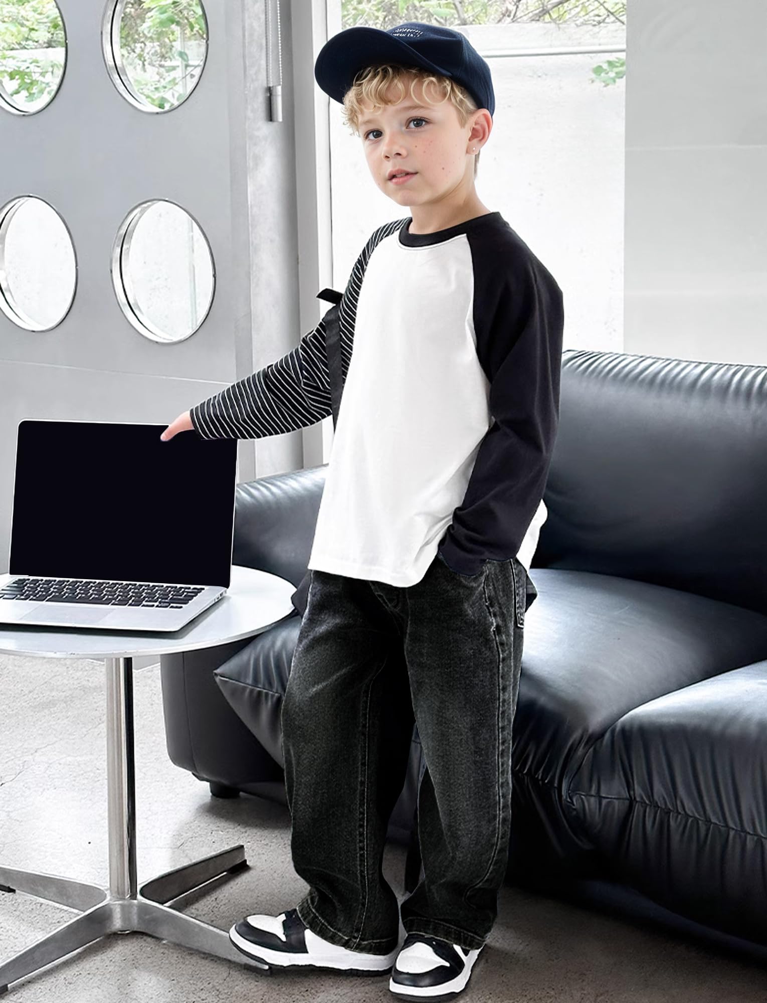 Happy Cherry Garçons Jeans Jambe Large Mode Baggy Jean Élastique Taille Pantalon Large en Denim avec Poches pour Enfants 5-14 Ans