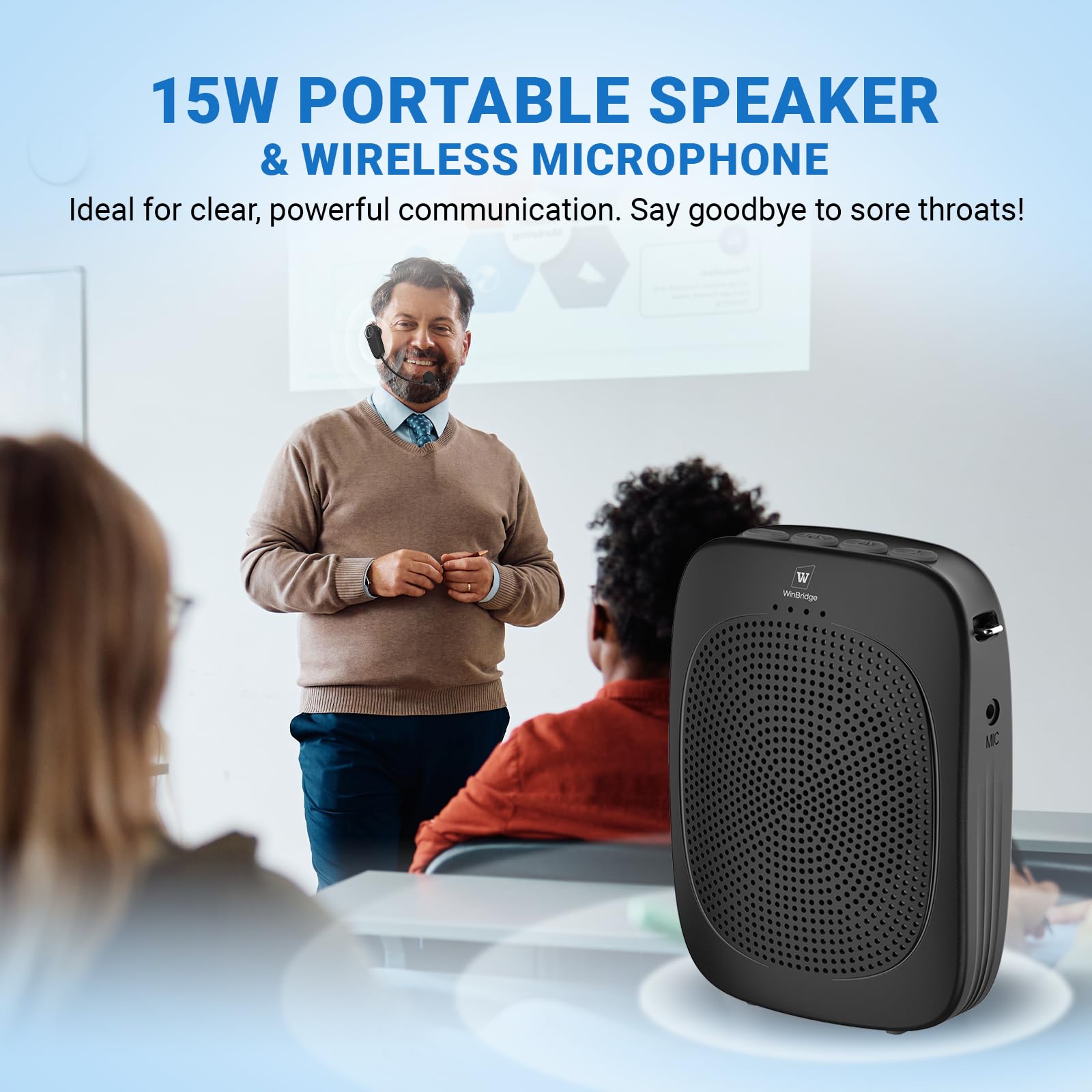 Amplificatore vocale wireless da 15W con microfono auricolare | Altoparlante con microfono,Altoparlante auricolare Bluetooth Mic per insegnanti anziani,Sistema PA portatile per aula C002