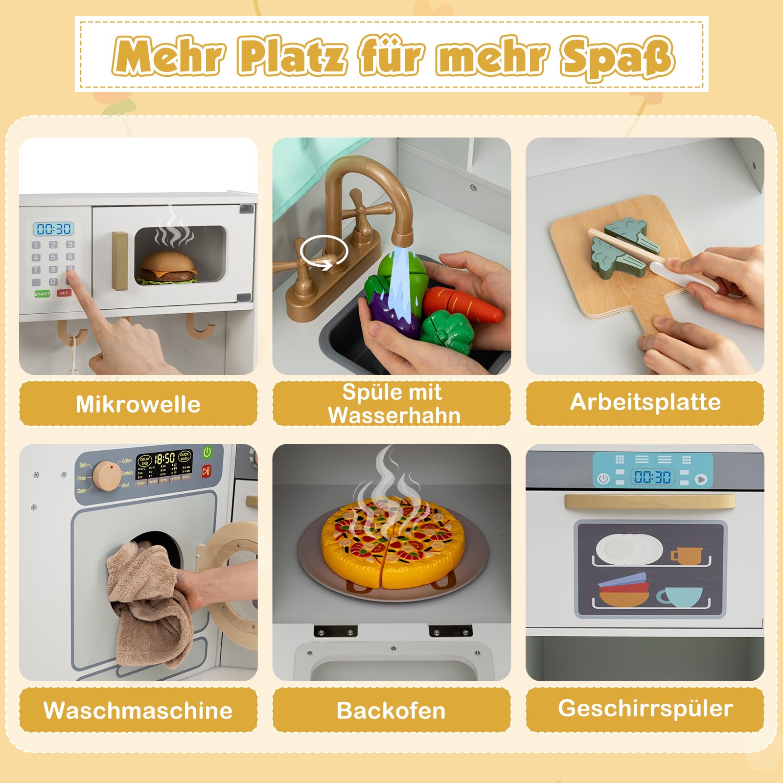 COSTWAY Kuchnia dziecięca z drewna narożna ze światłem i dźwiękiem – w zestawie okap, kuchenka mikrofalowa, kuchenka, piekarnik, zlew i wysuwany kosz na śmieci, edukacyjny zestaw kuchenny do zabawy