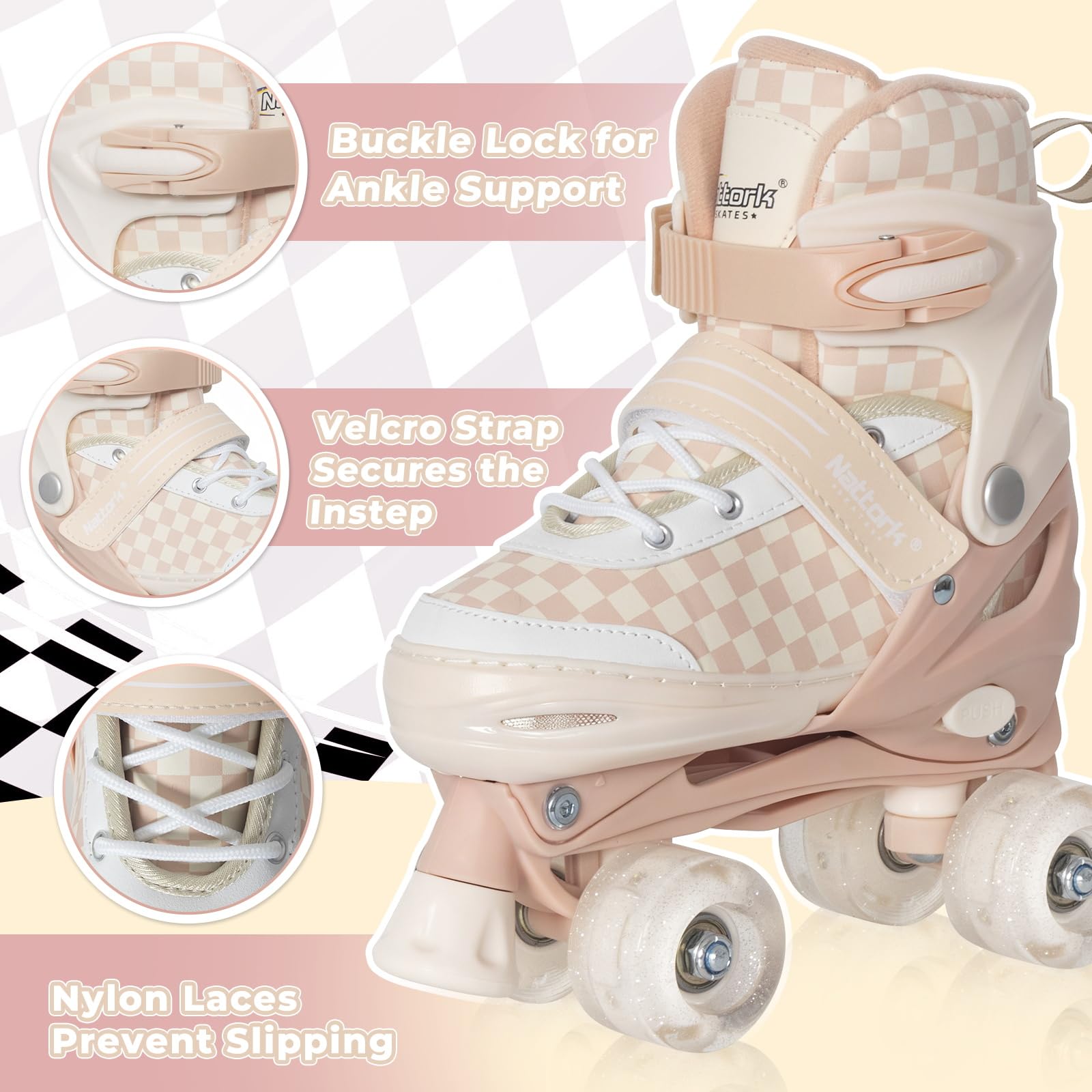 Nattork Verstellbare Rollschuhe für Kinder und Jugendliche, leuchtende Räder, Rollschuhe mit Schachbrettdesign für Jungen und Mädchen