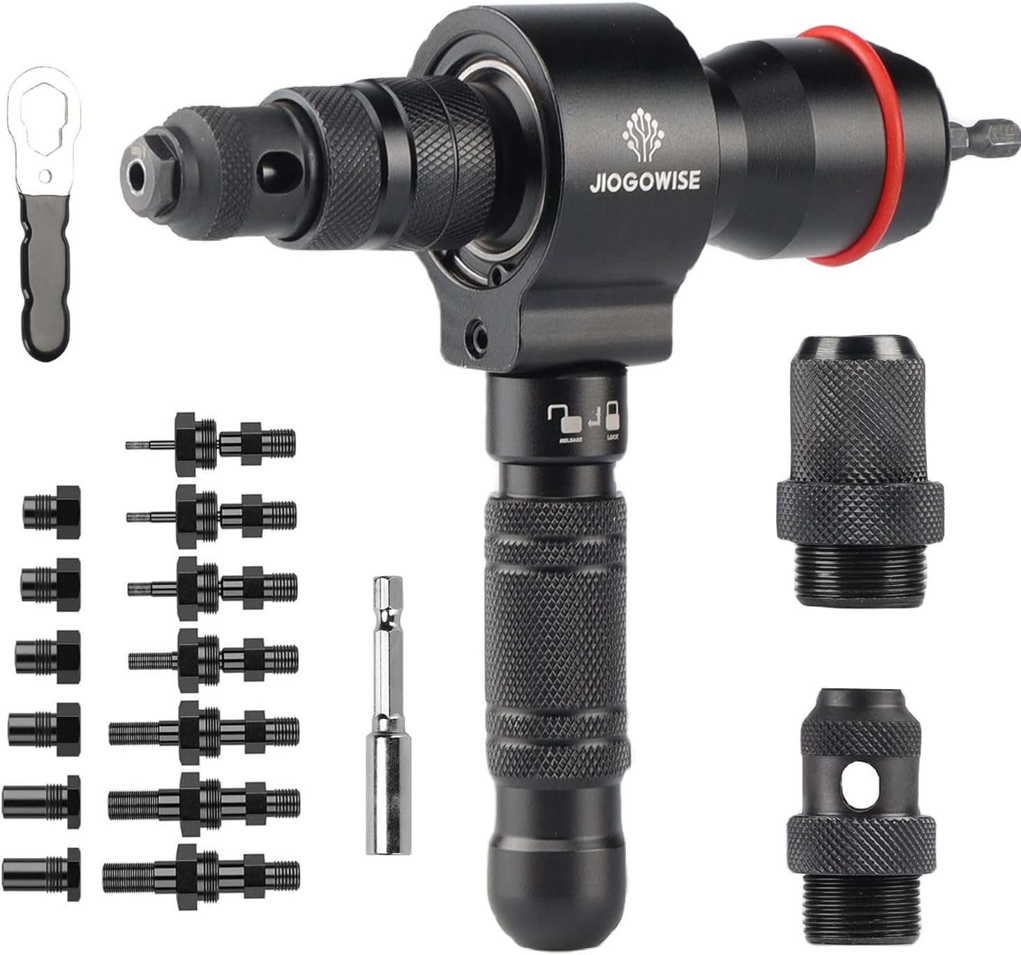 2-in-1 Design Cordless Rivet Gun Adapter and Rivet Nut Adapter,Electric Drill Tools Accessory Kit with Carry Case,7 Metric Mandrels M3 to M12, 6 Rivet Heads 2.4mm to 6.4mm