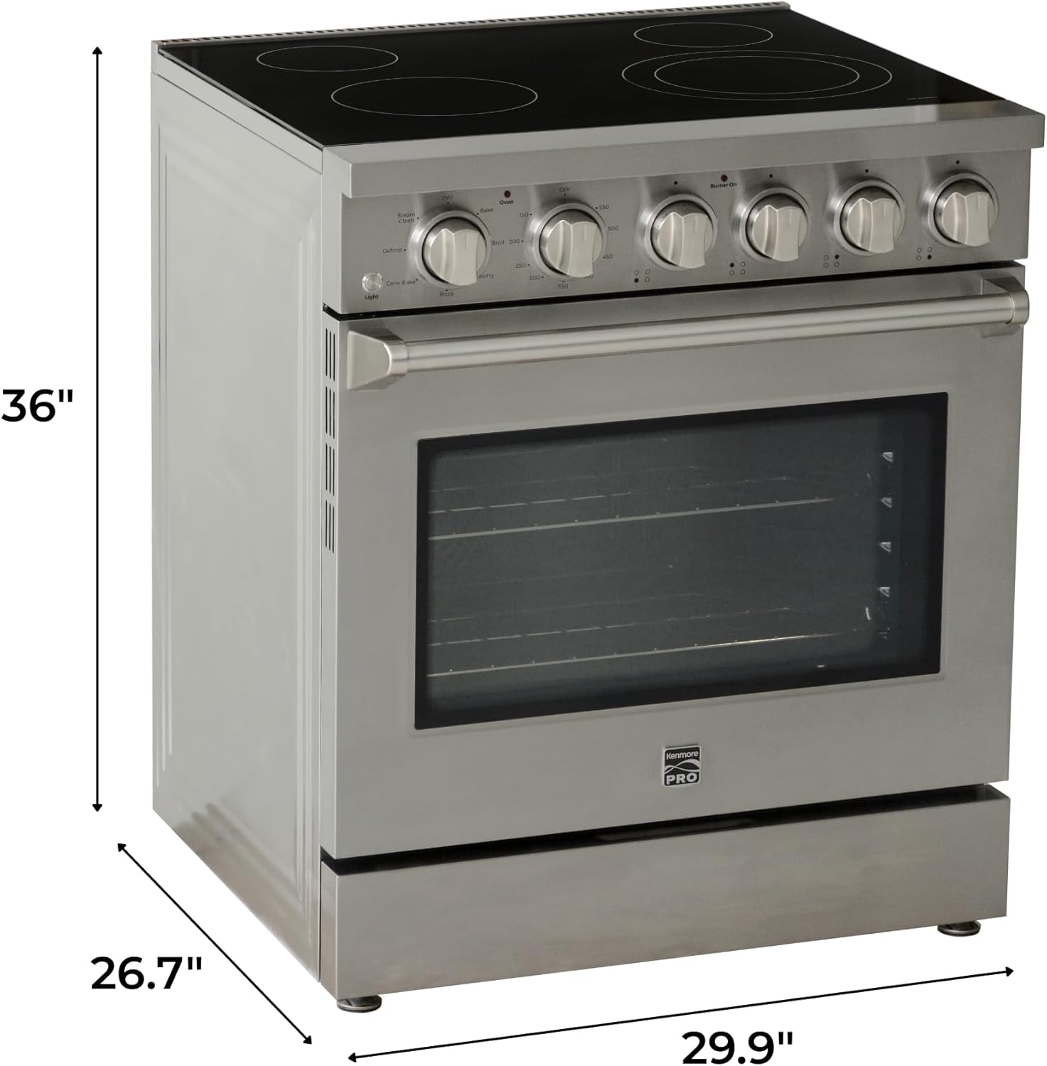 Kenmore PRO 30" Front Control Freestanding Gas Range, 5.0 Cu. Ft Oven With True Convection & Air Fry, 5 Burner Cooktop, 7 Function Convection Oven With Pizza, Defrost & Steam Clean, Stainless Steel