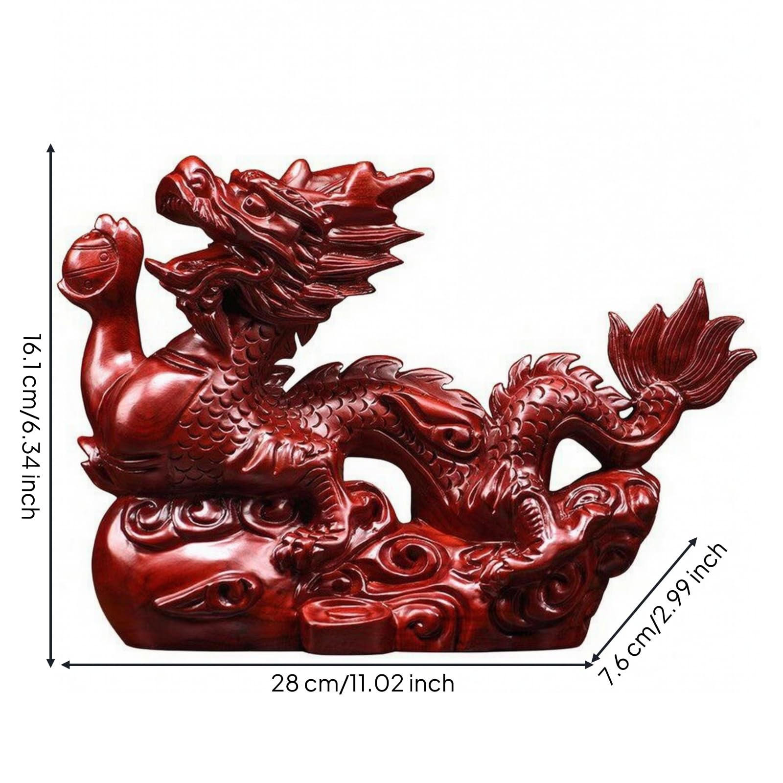 perfk Figura Dragón Chino Tallado Estatua |, Llamativo, para Estudio, Oficina, Rojo, 28CM