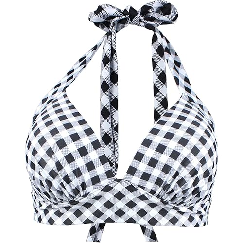 futurino Women Bikini Vintage 50s Plaid Pattern Halter Bikini Top Swimsuits
