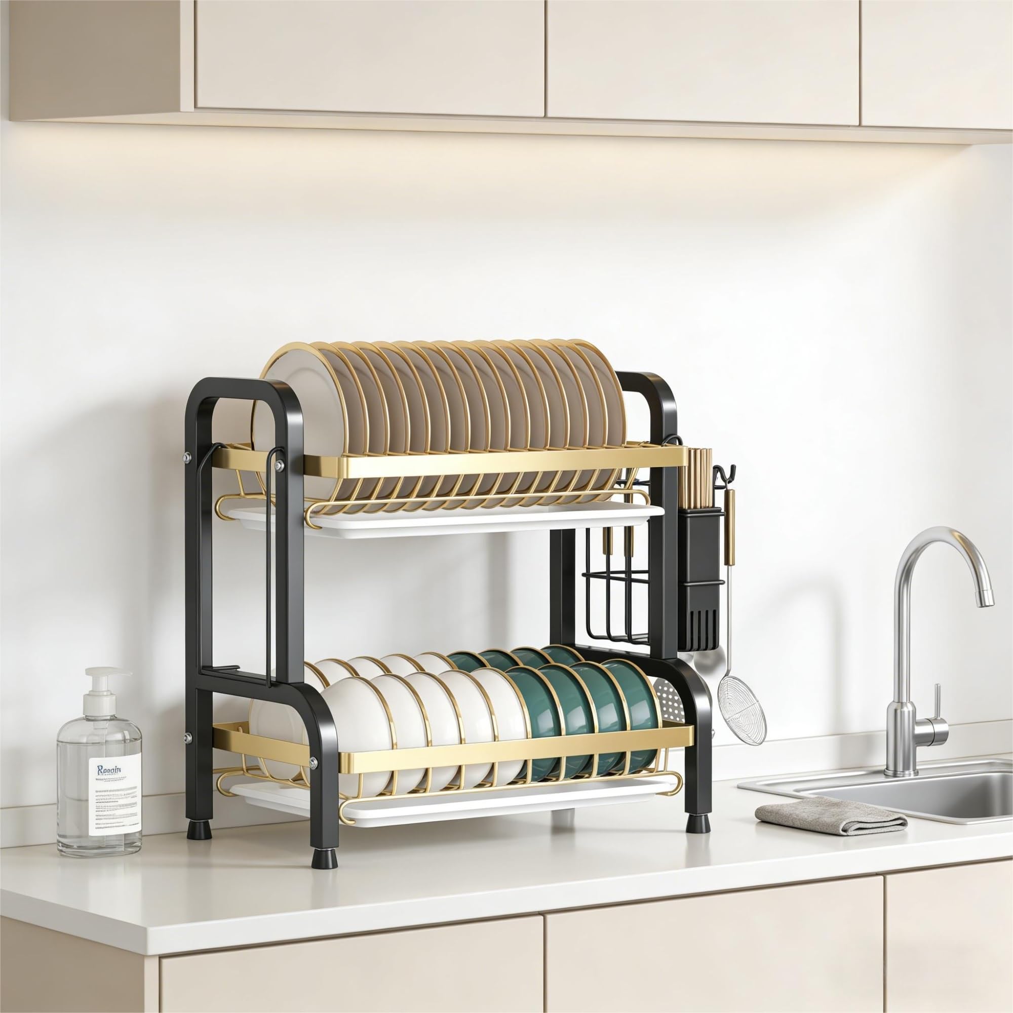 Lar - Escurridor de platos de acero inoxidable de 2 niveles con escurridor, siles y portavasos, nizer de encimera de cocina a prueba de óxido, diseño que ahorra espacio (negro, 43 x 39 cm)