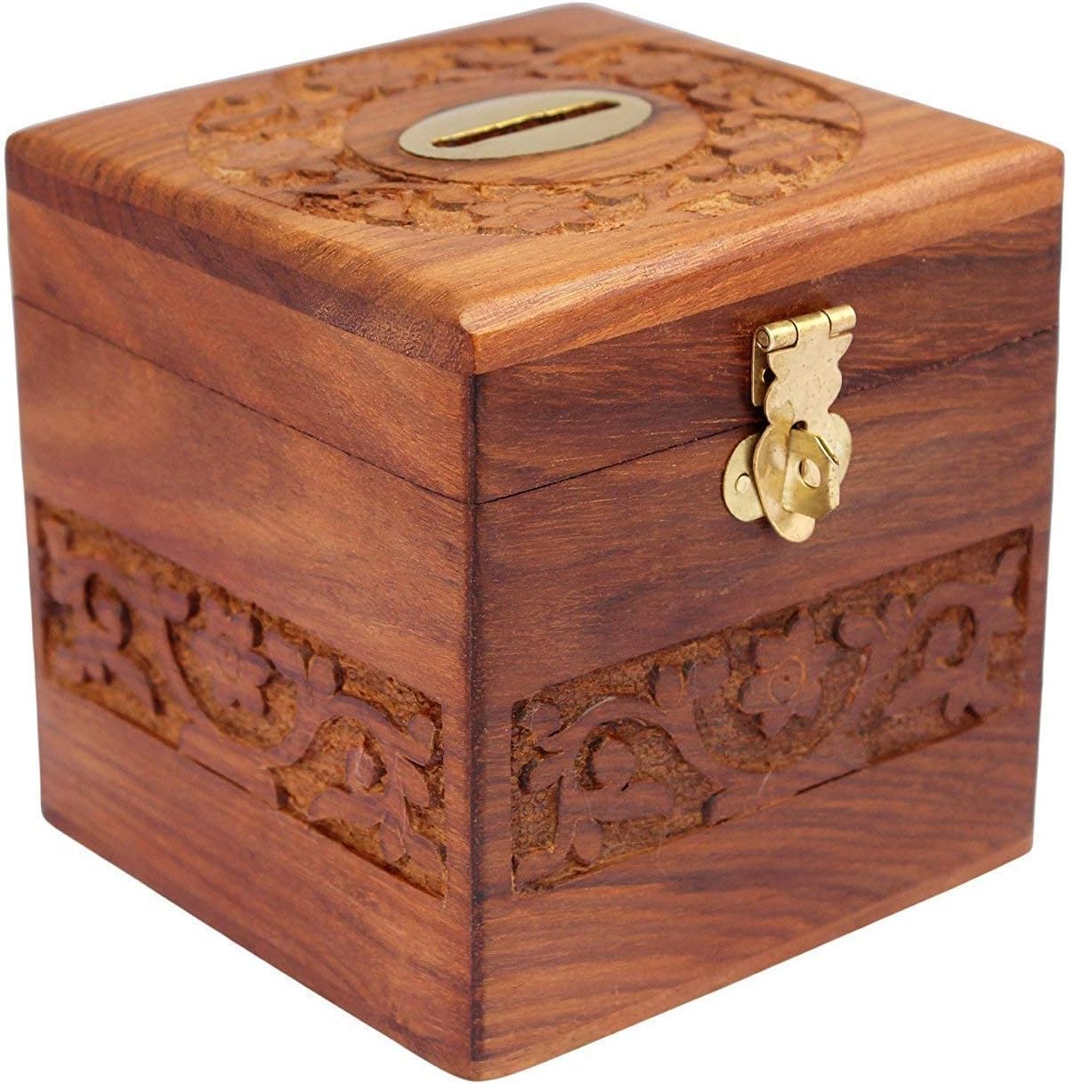 shams crafts Mini Piggy Bank, Square Money Bank, GULLAK for Kids, Birthday Gift for Kids and Adults, Handmade Wooden Brass Coin Holder, Money Storage Box