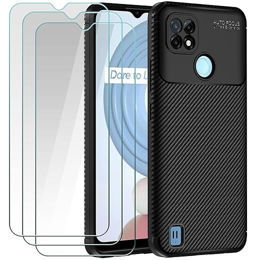 iVoler Cover per Realme C21, con 3 Pezzi Pellicola Vetro Temperato, Fibra di Carbonio Custodia in Morbida Silicone TPU Anti-Graffio Antiurto Protettiva Case - Nero