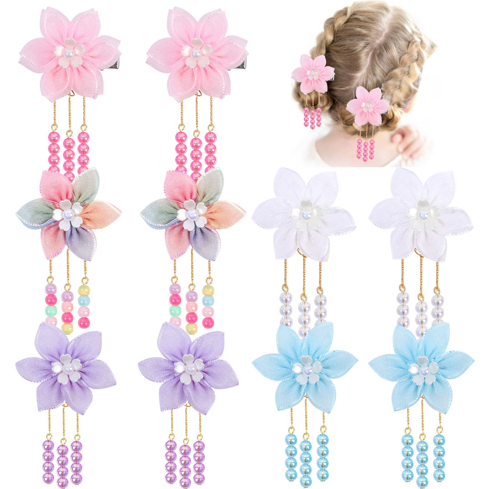 PABOBIT 10 PCS Hair Bows for Girls, Flower Hair Bow Clips Tulle Girls Hair Accessories with Alligator Clip Colorful Toddler Bows for Kids Teens (bead)