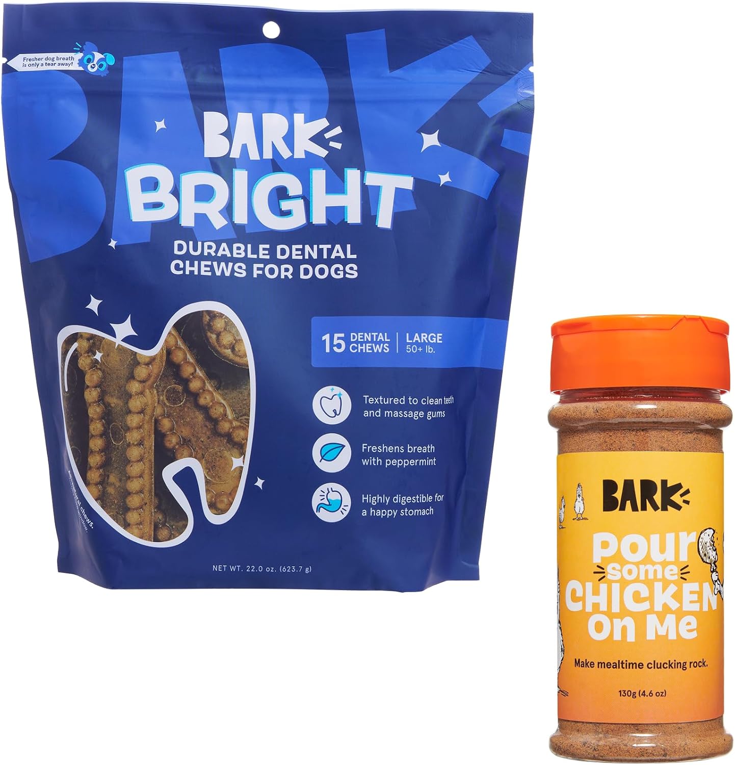 Barkbox Dog Dental & Meal Topper Bundle – Bright Durable Large Breed Dental Chew Sticks (15 Chews) with Chicken Shake & Pour Food Topper